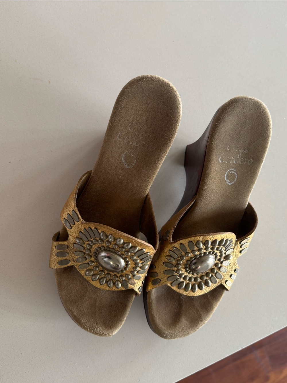 Cuero Tan Embellished Leather Wedge Mules